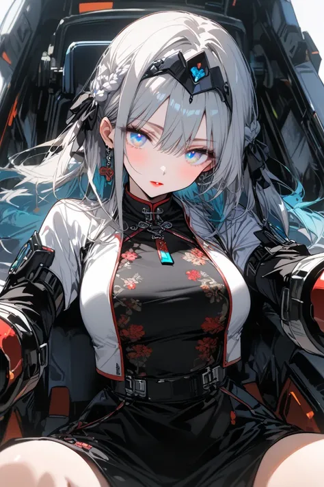  1 girl, 23 year old mecha older sister, whole body, braided hair,light blue_hair,light blue_eye,red_lipstick, tiara ,mechanical_first round,mechanical_ gloves,mechanical_ Bbo~, china dress,( Top Quality, top quality,  Masterpiece,  Hi-Res, ), (bright eyes...