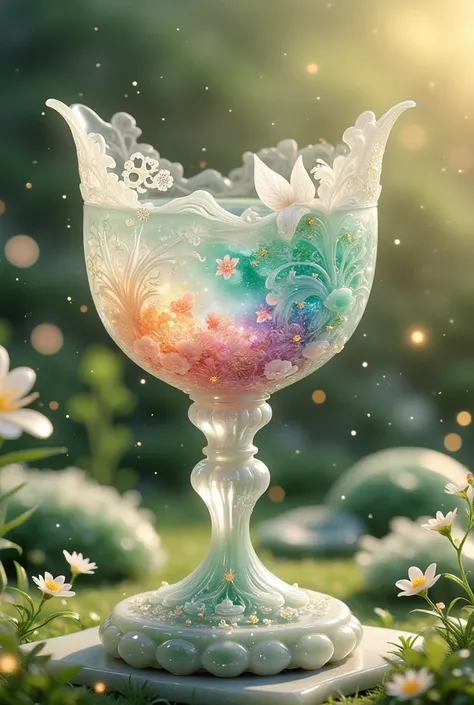 In a soft, golden light, a exquisite crystal chalice with intricate lacework and floral engravings sits atop a delicate pedestal. The transparent liquid within sparkles like the night sky, reflecting hues of sapphire, amethyst, and rose. The chalice's curv...