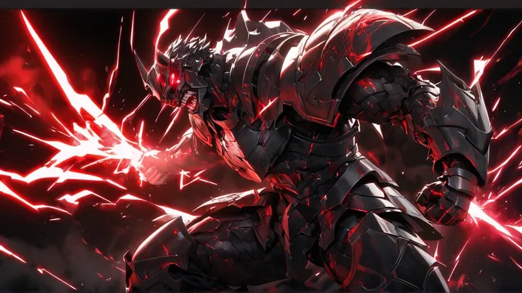 Black background with strong and aggressive red and black lights ,  strong man in Templar armor with epic science-fiction mix filled with metal plates,   half armor corrupted by red lightning ,  transmitting his brutal anger releasing aggressive energy and...