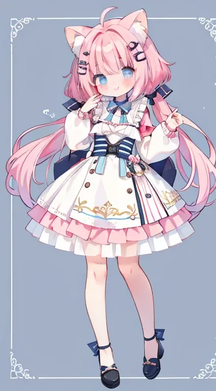 Droopy ears犬耳　 standing picture、Symmetrical　Droopy ears犬耳　  Full Body Lesbian 、​masterpiece、 top quality、length、 best image quality、 cute little、 one girl、Pink Hair、 head ribbon、Ribbon clothing、frilld、Year、piece sign、 pink eye、Twirl and fluffy twin tails　D...