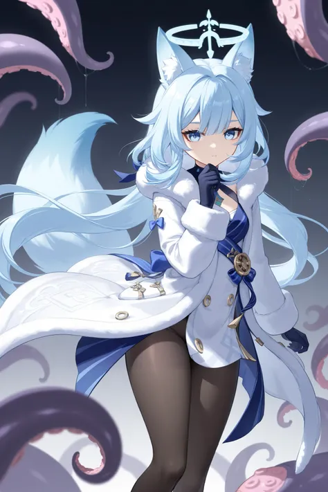 、 best thighs、 Genshin、Halo、 beautiful skin、Clear shadows、front、、 light blue hair、 light blue eyes、 black tights、 long coat、Tentacles、 fox ears、Fox Tail