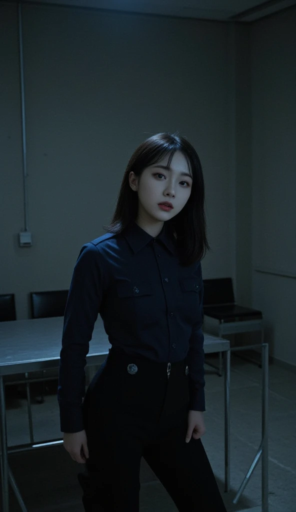 20th Generation、woman、round face、 mushroom cut、 big eyes、Thick lips、 white skin、 black hair、Slim figure、 Blue Police Uniform 、Interrogation room