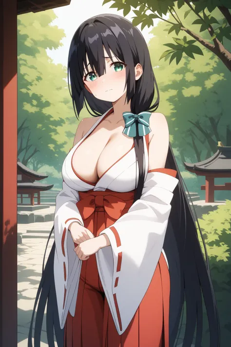 masterpiece,best quality,{{detailed beautiful face and eyes}}, very detailed background,
Tougou Mimori,{{{megami magazine}}},long hair,black hair,hair over shoulder,hair ribbon,light green ribbon,bangs,hair between eyes,green eyes,large breasts,
(miko:1.1)...