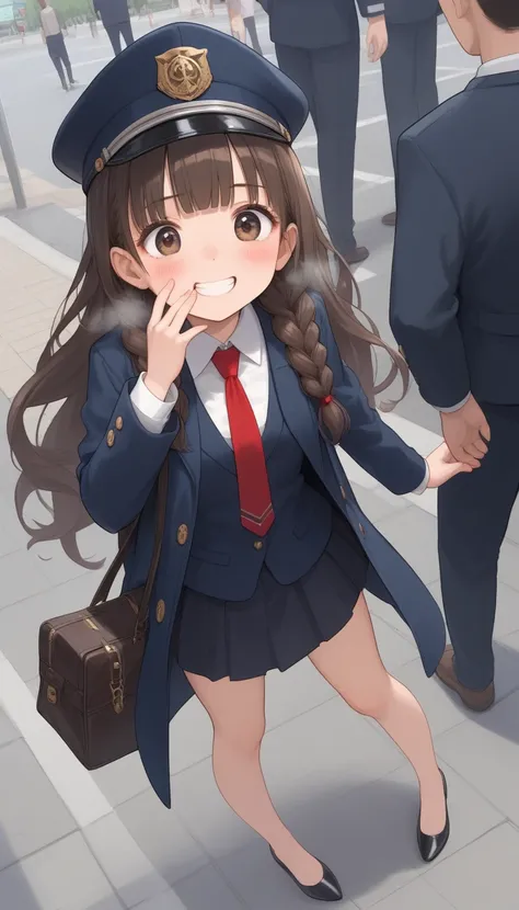 { top quality], [Very beautiful], [Ultra fine], [ best illustration], source_anime,stand,Brown Hair,hime cut, long hair,Braids,Excited face,Cutesy, Street Photography,In the city,From an angle, holding a black lady's bag,Uniform cap, tie, black long coat, ...