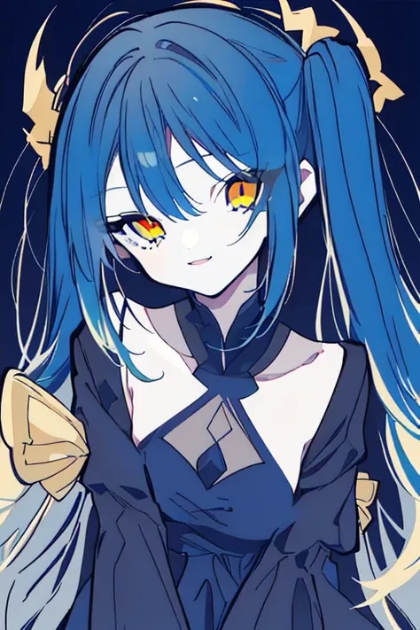 1 GIRL,DARK BLUE LONG TWINTAIL HAIR, GOLDEN EYE, Elegant yet playful gothic dress mysterious yet lively charm expression is confident and mischievous, with a subtle smile,adult, darkness power, dark blue hair