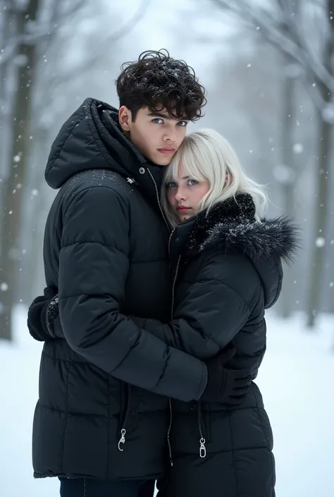 Generate image of handsome blackhaired boy with blue eyes college boy in black clothes hugging albino girl with bangs in black clothes in an ultra realistic winter snow far image full body up to shoes 