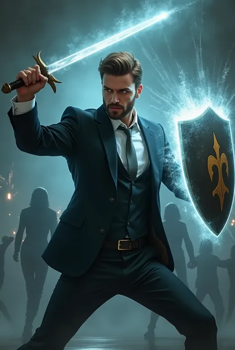 Handsome brown-haired man with short beard dressed in a black suit wearing a white shirt and gray tie using a magic shield and a sword in combat posture fighting against ghosts