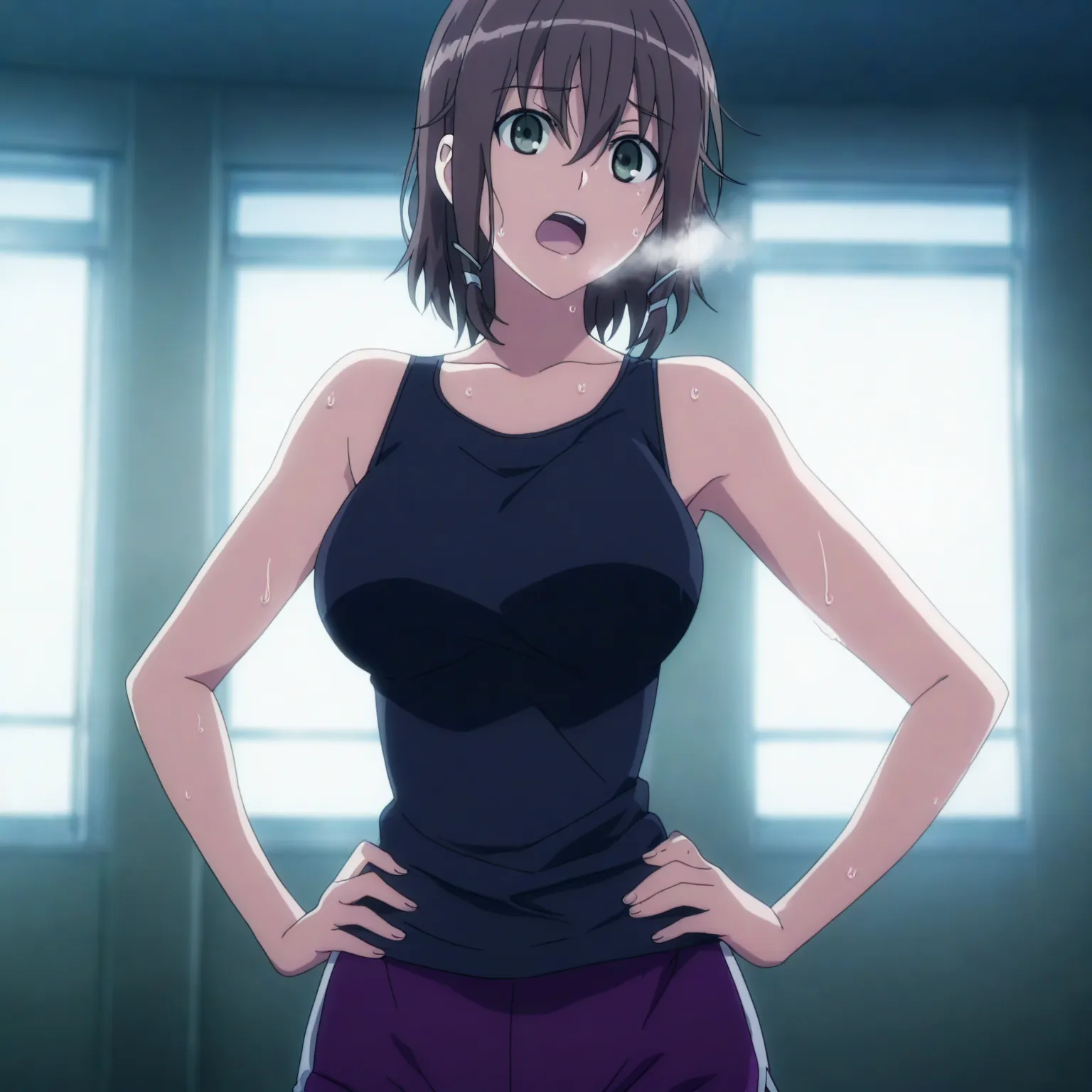 masterpiece, best quality, amazing quality, highres, absurdres, very aesthetic, high resolution, ultra detailed, perfect details, 1girl, solo, looking at viewer, indoors, gym background, yukizome kukuri, short hair, brown hair, wispy bangs, sidelocks, hair...