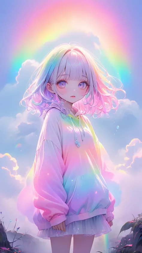     Tim Burton Style、    albino、    girl、    neon    、      is very realistic   、    rainbow gradient  、  cute,  pastel color、fog