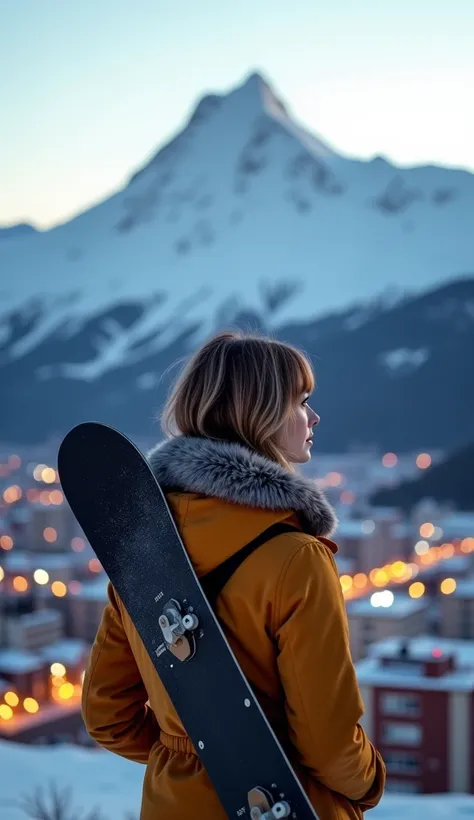 5th Image – City and Mountain Contrast (2023)
"A high-resolution, hyper-realistic RAW camera shot, filmed in 2023, capturing the same woman standing at a viewpoint, overlooking a modern city in front of her and a massive snow-covered mountain behind her. S...