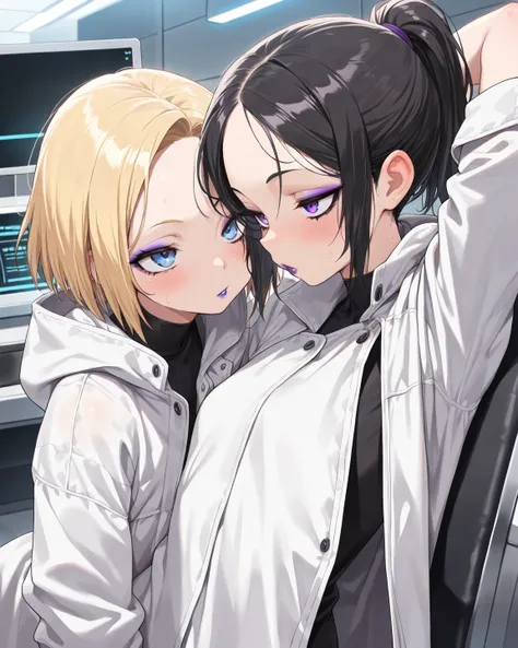 (((masterpiece))), (((best quality))), (((amazing quality))), ((an extremely delicate and beautiful)),A dark-haired woman in a white coat is doing maintenance on a blond female-type mecha android, thick black hair, short hair, ponytail, forehead,  purple l...