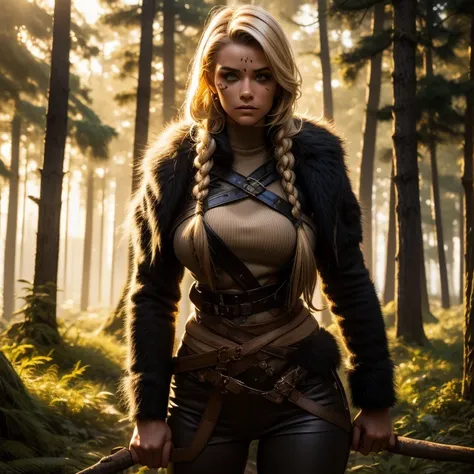 Strong sexy Nordic woman in Forest with hand ax, braided hair, curvy, tone, blonde hair, dirt, black war paint, sweat, leather and fur, sun tan,