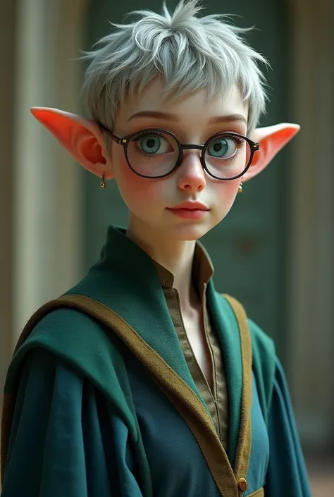 half-elf;  pale skin;  short caramel hair ,  a bit gray ; pointy ears;  blue eyes; thin; 39 years old; 1,68m;  green and blue bureaucrat robes, In addition to glasses ;