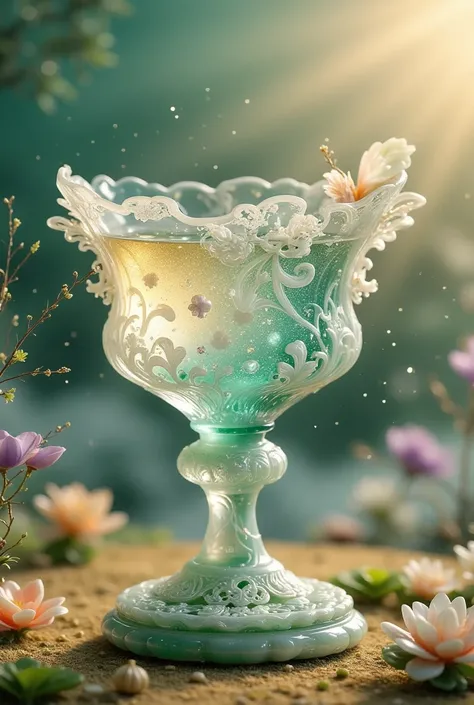 In a soft, golden light, a exquisite crystal chalice with intricate lacework and floral engravings sits atop a delicate pedestal. The transparent liquid within sparkles like the night sky, reflecting hues of sapphire, amethyst, and rose. The chalice's curv...