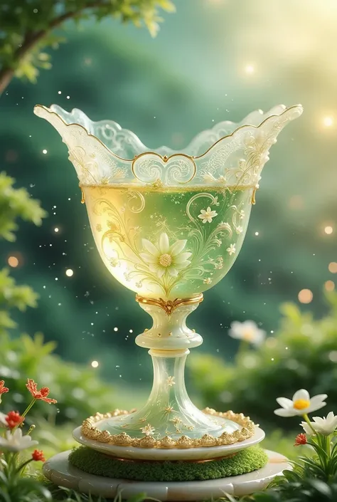 In a soft, golden light, a exquisite crystal chalice with intricate lacework and floral engravings sits atop a delicate pedestal. The transparent liquid within sparkles like the night sky, reflecting hues of sapphire, amethyst, and rose. The chalice's curv...