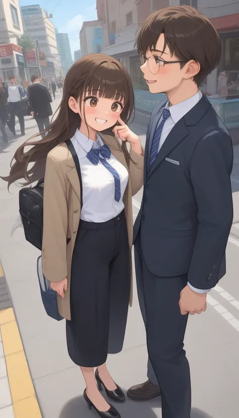 { top quality], [Very beautiful], [Ultra fine], [ best illustration], source_anime,stand,Brown Hair,hime cut, long hair,Braids,Excited face,Cutesy, Street Photography,In the city,From an angle, holding a black lady's bag, suit,OL,Job hunting, white shirt, ...