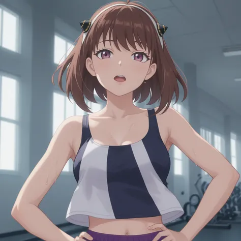 masterpiece, best quality, amazing quality, highres, absurdres, very aesthetic, high resolution, ultra detailed, perfect details, 1girl, solo, looking at viewer, indoors, gym background, yukizome kukuri, short hair, brown hair, wispy bangs, sidelocks, hair...