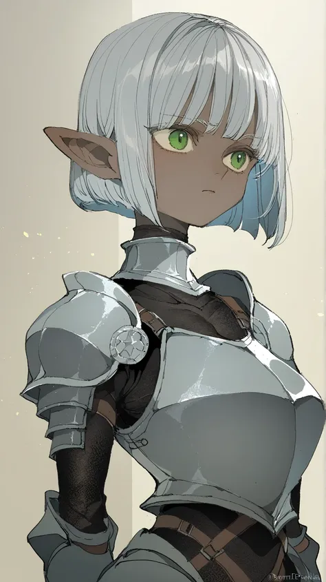 1girl, dark elf, silver bob cut, green eyes, pointy ears, knight costume, whole body, artist:demizu posuka, artist:morisawa haruyuki, very awa, masterpiece, best quality, newest, highres, absurdres