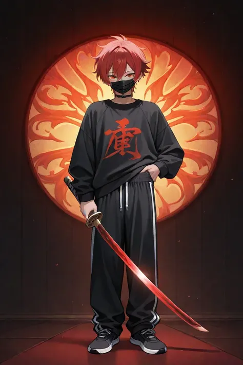 Carving a red blade katana,  red hair, black mask ,sweatpants,male, Korean
