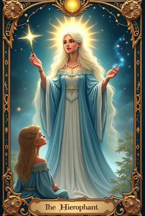 Create a semi-realistic, cartoon style, character design, super detailed, fantasy-inspired with high attention to detail of A celestial and wise Fairy Godmother, reimagined as The Hierophant tarot card. She stands in a radiant, mystical realm, her presence...