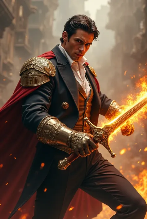 Handsome man wearing a Victorian suit with armor holding a sword wrapped in fire in combat posture