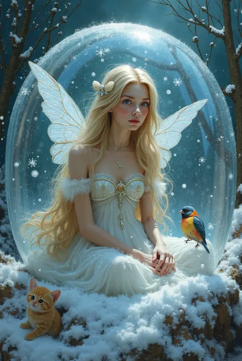 A beautiful fairy trapped in a frosted, fluffy ice bubble, with a fluffy cat and a bird, realistic comic art oil painting style, detailed facial features, detailed clothing, detailed environment, volumetric lighting, dramatic shadows, vibrant colors, cinem...