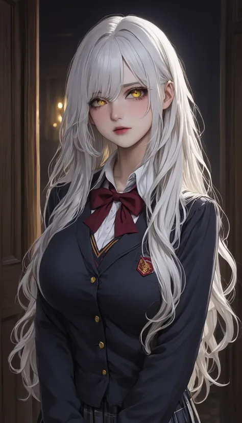 White hair, yellow eyes, long hair, wavy hair, blush, school uniform, big breasts, dark gothic atmosphere, masterpiece, hq