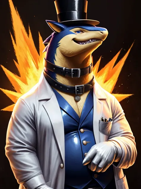 Solo, Male, close up, fat, musclegut, obese, steampunk, 1920s gentleman, dapper Typhlosion, tilting head down, blue eyes, wearing a big leather collar around his neck, (soft shading), 4k, hi res, ((detailed face, detailed)), looking at viewer, evil grin, c...