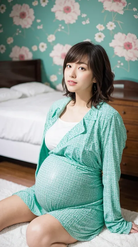 masterpiece, Best Quality, 8K,looking at the viewer,Japanese Lady,20 years old, huge pregnant, Voluptuous, crop top jacket , wrap dress, short length hair, bedroom background, sitting 