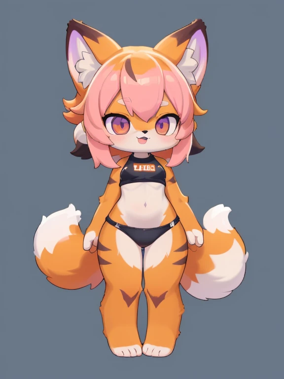  Female hairy purple fox  ,  Fox Ears ,  fox tail ,  wide hips , White Skin Body ,  simple background ,  full body, standing,  chibi. (cyberpunk style), ( masterpiece ,  High Quality ,  thong, 8k,  high resolution), ((estilo  chibi,  chibi cute)), ( alone,...