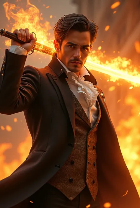 Handsome man wearing a Victorian suit with armoured tie holding a sword engulfed in fire in combat posture