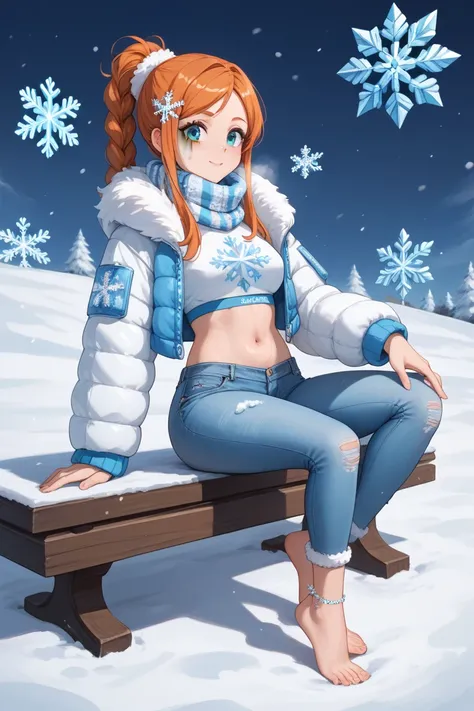 For a snow and ice day freezing cold-inspired outfit for Orihime Inoue, with her navel and feet visible:

Top

A cropped fur-lined jacket in light blue and white, with a high collar and long sleeves, exposing her navel.

A fitted thermal crop top underneat...