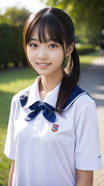  Masterpiece,  top quality, 8k, 18 years old,  Japanese girl, slender,  RAW Photo ,  absurd,  Award-Winning Portraits, ( detailed face, smile), Alone,  school uniform , Sailor uniform, Short sleeve, Idol&#39;s face,   Super Miniskirt  ,  short socks with g...