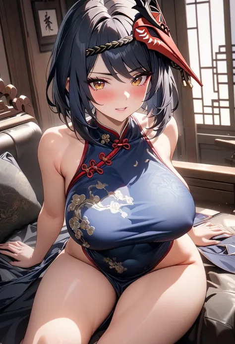 8k, masterpiece, best quality, ultra detailed, Ultra-high resolution, Highly detailed CG, break, 1girl, Kujou Sara\(genshin impact\), kawaii, nsfw, big breasts, slender, (Cheongsam:1.2), full body, indoors, sitting on sofa
