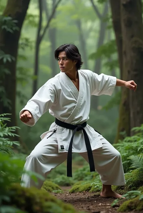 Créer une image d’un jeune homme Francais assez musclé de 18 ans qui fait du karaté. Il a les cheveux mi-longs. Il a une tenue de karaté blanche avec un ceinture noire. Il est dans une dans un forêt. 