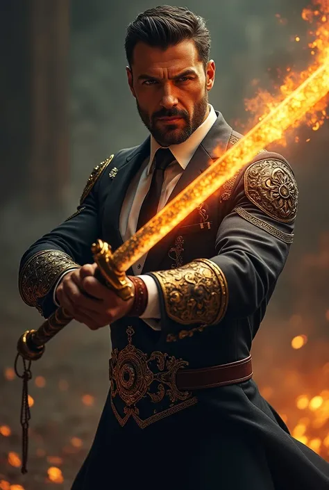 Handsome man wearing a suit and tie with armor holding a sword engulfed in fire in combat posture