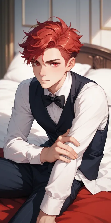 A young guy with combed and styled red hair.  red eyes. severe.  in a formal suit