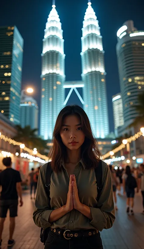 A fish-eye shot captures the essence of a mesmerizing scene: an asian girl stands before the Petronas Twin Towers, her medium-length straight hair flowing in the urban breeze. She assumes a peaceful pose hands, gazing directly at the viewer under the cinem...