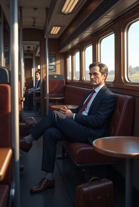 An office worker in a suit wearing brown leather shoes sitting on a train