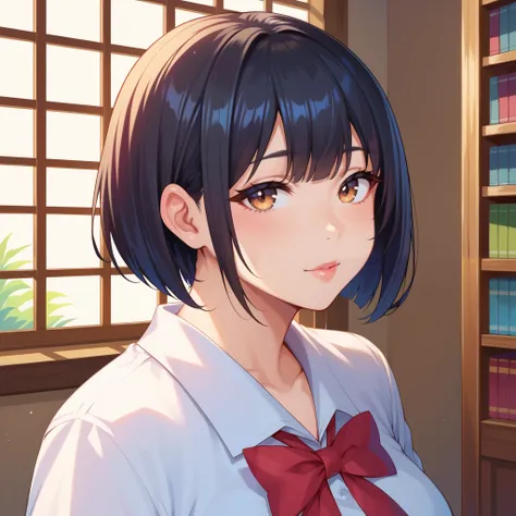 ( very detailed, 8k,  high image quality,  absurd:1.2),  Japanese woman,  1 High School Girl, plump body type,  Beautiful Character Design, Plain face, (black hair, bob cut),  beautiful detail eye description,  perfect face ,  expressive eyes,  brown eyes,...