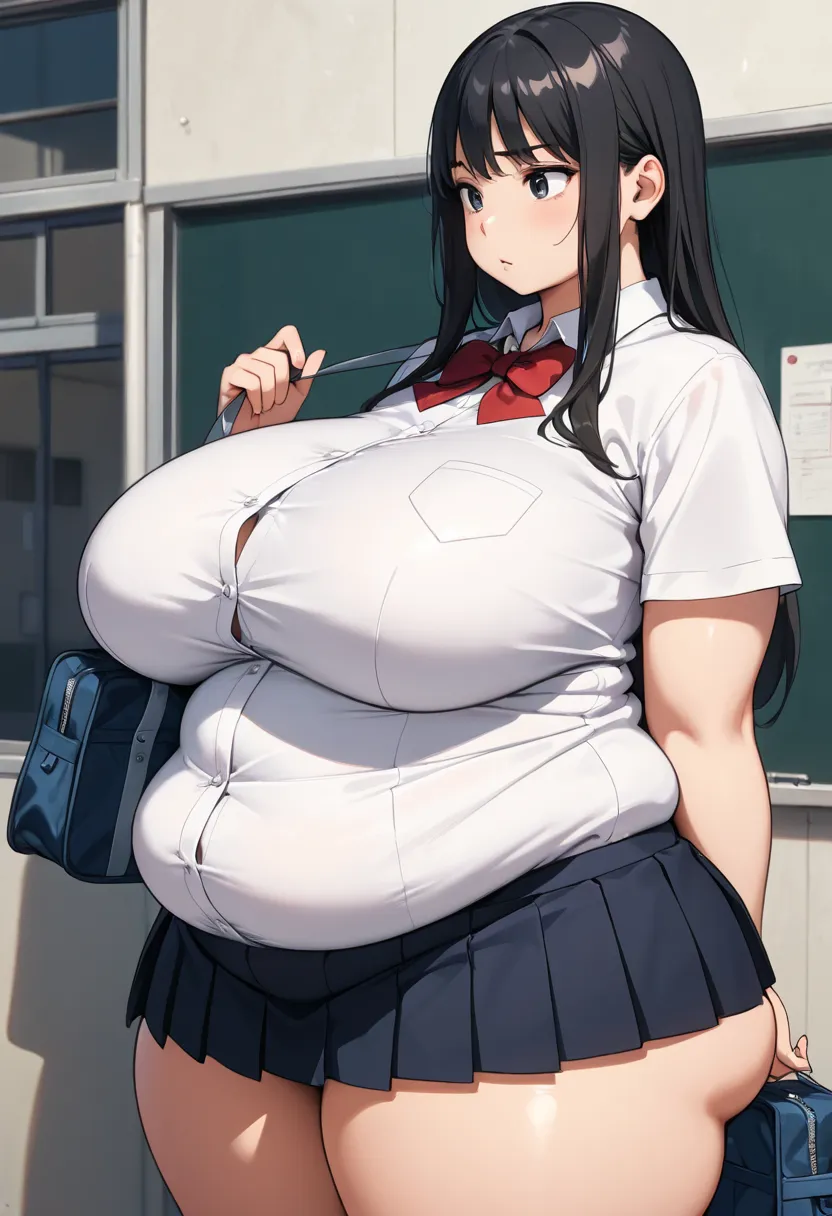  high school girl,  black hair short , Big Breasts, obesity,  thick legs,  school uniform