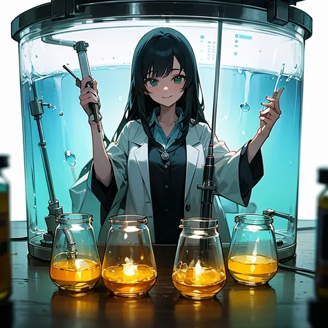 woman, black hair, long hair, female researcher,  has a smile, dark laboratory,room, desk,  lab coat, flask, green liquid, secretive atmosphere, (best quality, masterpiece:1.2), ultra-detailed, mystical, scientific research, chemistry lab, scientific equip...