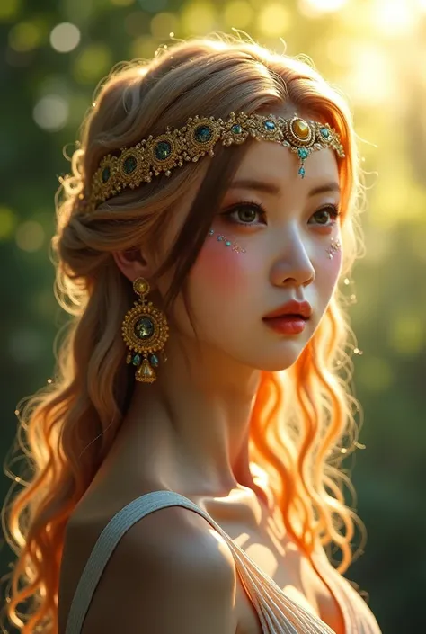 1 goddess gaia, beautiful detailed eyes, beautiful detailed lips, extremely detailed eyes and face, longeyelashes, serene expression, elegant pose, flowing dress, golden headdress, ancient greek style, glowing ethereal skin, natural scenery, lush green for...