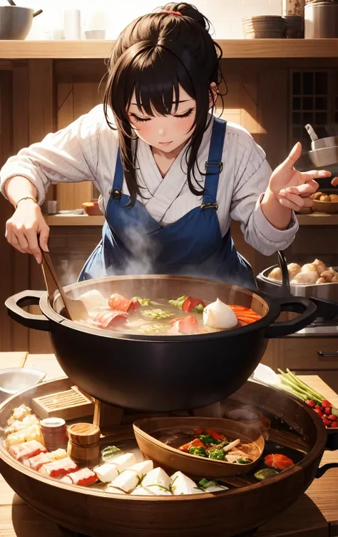  one girl、Hot pot dishes、Stir the pot with a lid、