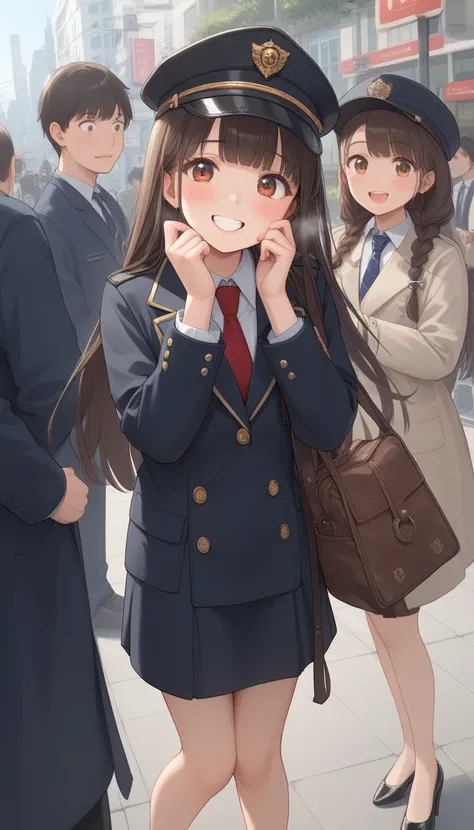 { top quality], [Very beautiful], [Ultra fine], [ best illustration], source_anime,stand,Brown Hair,hime cut, long hair,Braids,Excited face,Cutesy, Street Photography,In the city,From an angle, holding a black lady's bag,Uniform cap, tie, black long coat, ...