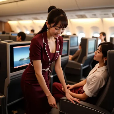  Japanese female flight attendants in the first class cabin of the Boeing 777 、 and is elegantly dressed in a stylish uniform with a slightly open chest designed by a famous French designer。She bends down gracefully、 long skirt without opening 、 seated pas...