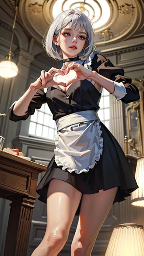 solo, female, A cute maid with seductive expression, seductive smiling, (heart hands), ((suggestive pose)), anatomically correct rendering,(front view, shoot from below), perfect, Silver hair, bob cut, thin hair, sexy face, detailed captivating eyes, lips,...