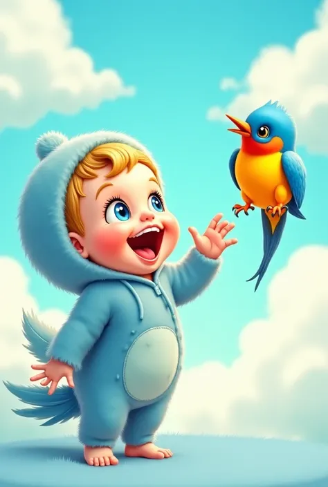 
"A joyful baby, around five year old, dressed in a fluffy, sky-blue outfit with soft, feather-like textures, resembling a little bird. The hood frames the baby's bright blue eyes and golden hair, enhancing their angelic and excited expression. The baby’s ...