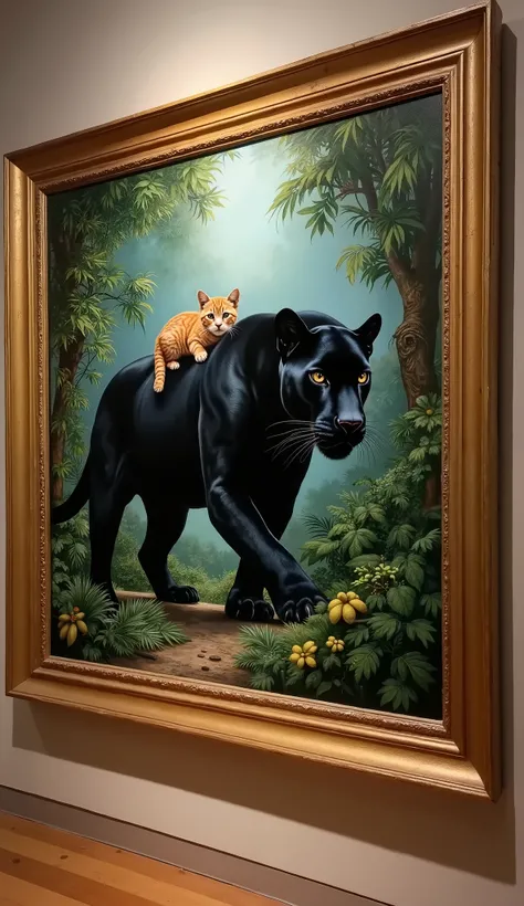 "Un tableau accroché à un mur de musée, encadré dans un cadre en bois doré. La peinture représente une panthère noire majestueuse, aux yeux perçants, marchant avec grâce dans une jungle luxuriante. Sur son dos, un tout petit bébé chat roux, aux poils doux ...