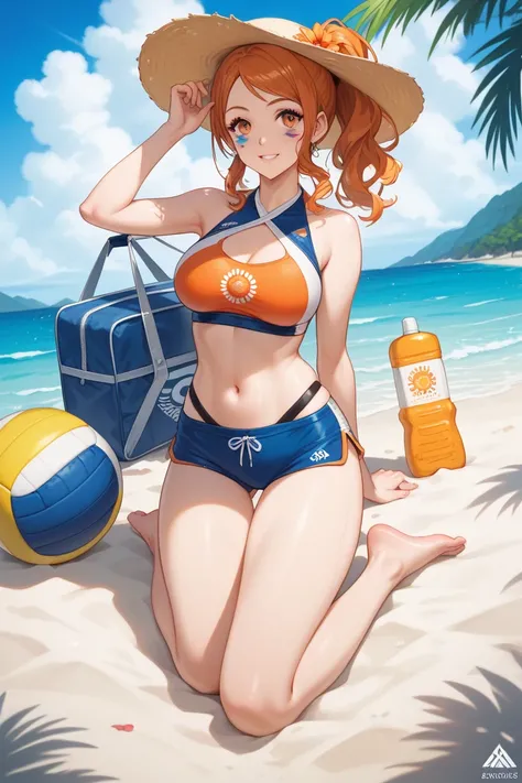 For a beach vacation volleyball-inspired outfit for Orihime Inoue, while keeping her navel and feet visible, here’s the design:

Top

A cropped sports bikini top in bright colors like coral, aqua, or yellow, designed for both comfort and style. The haltern...